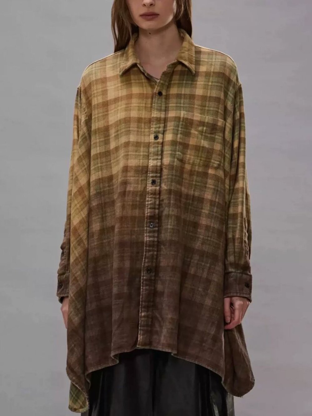 NWT R13 Draped Front Shirt - Khaki to Brown Ombre Plaid - Picture 3 of 11